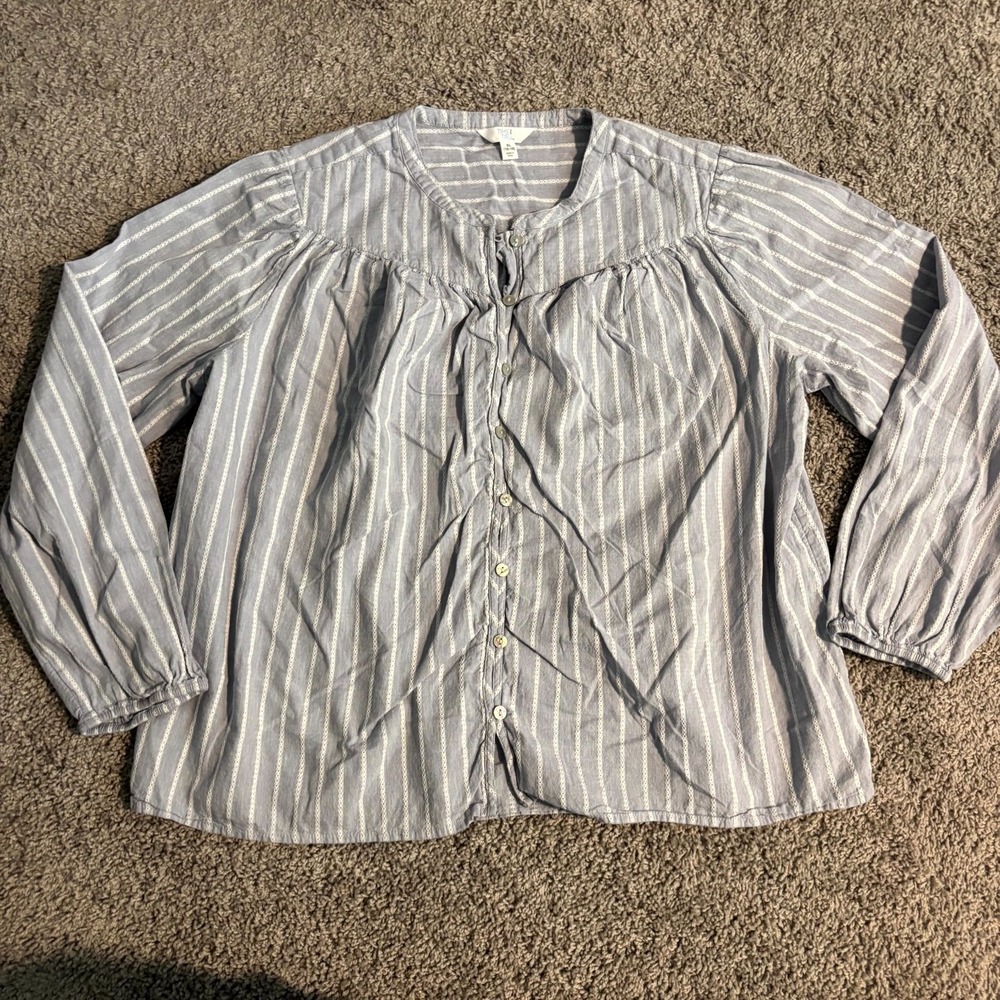 Time and Tru Womens XL 16-18 Blue Striped Peasant Blouse Button Front Cotton Top